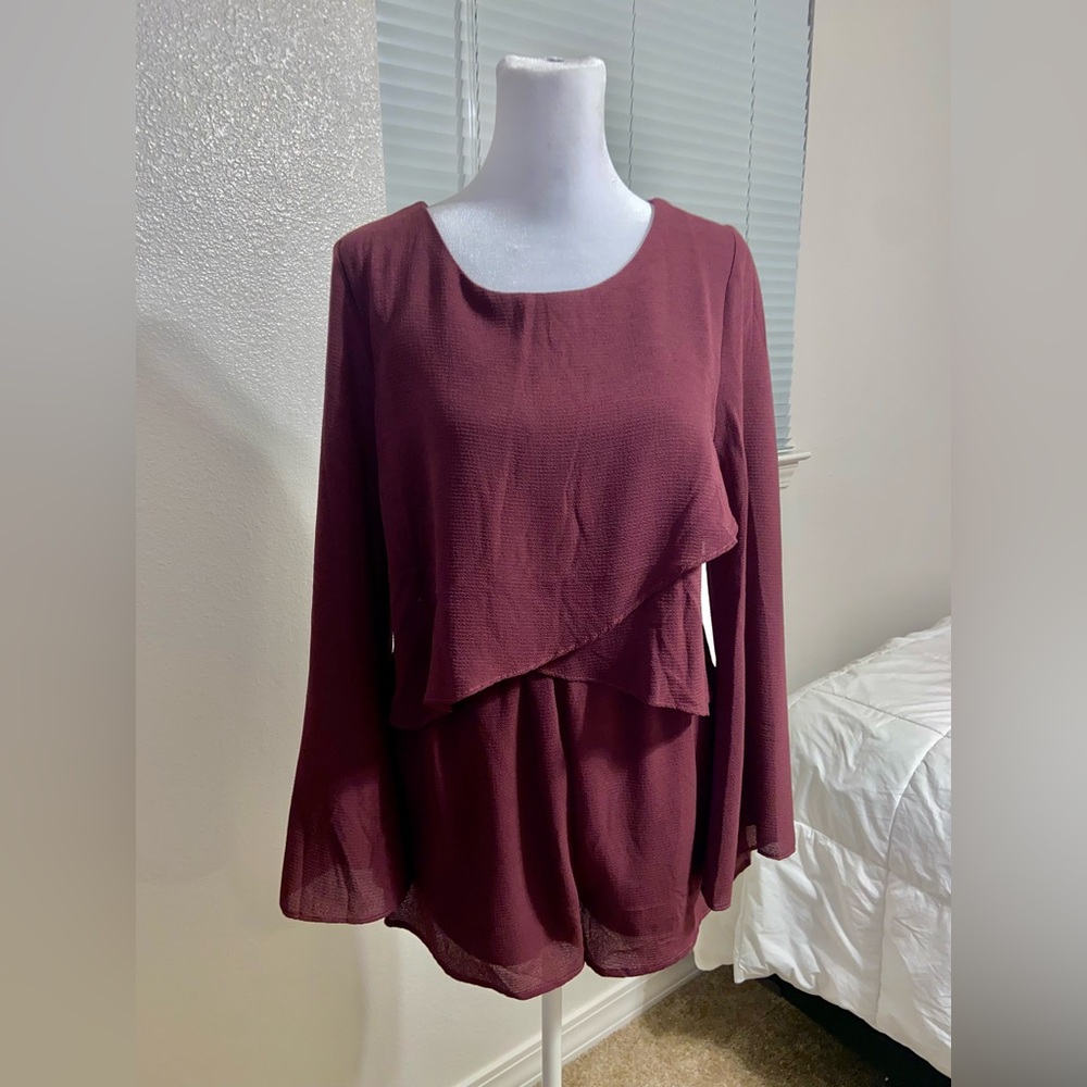 Flared Long Sleeved Romper- Plum